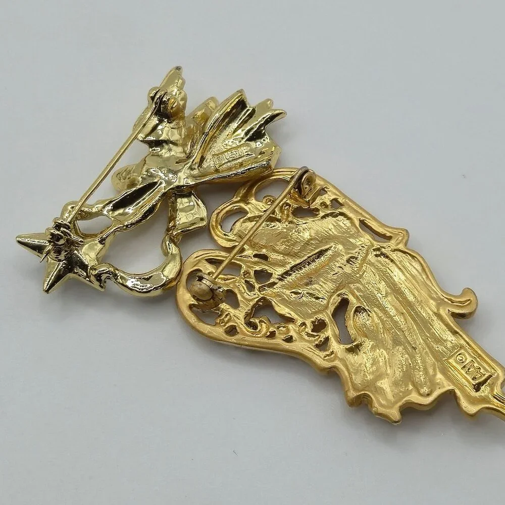 Festive Joy Holiday Gold Tone Angels Religious Faith Christian Brooch Pins‎ 2PC